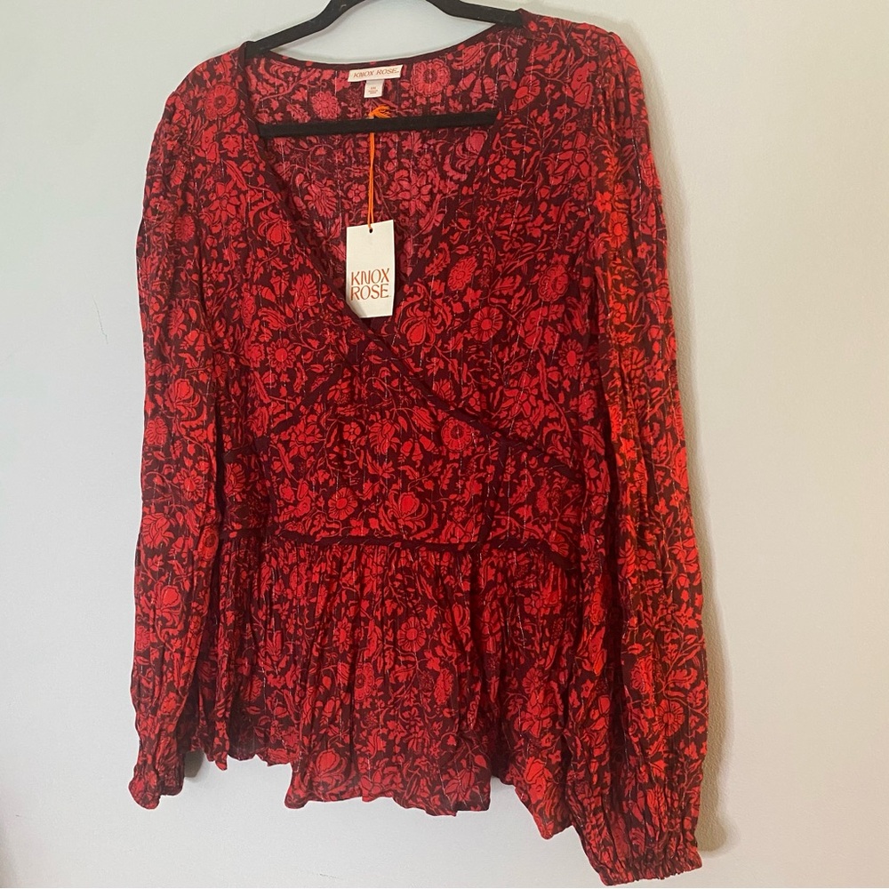Knox Rose Red Floral Peplum Blouse Long Sleeve Balloon Size XXL - Picture 2 of 11
